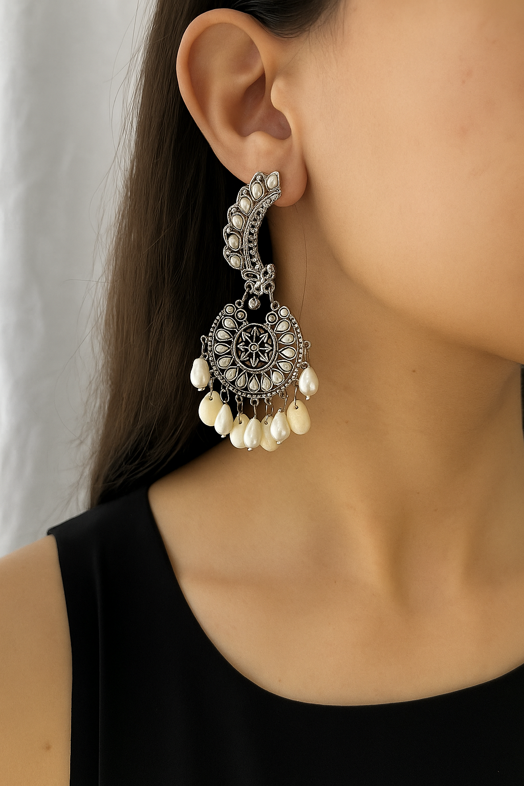 Oxidized Peacock Design Earrings with White Pearls
